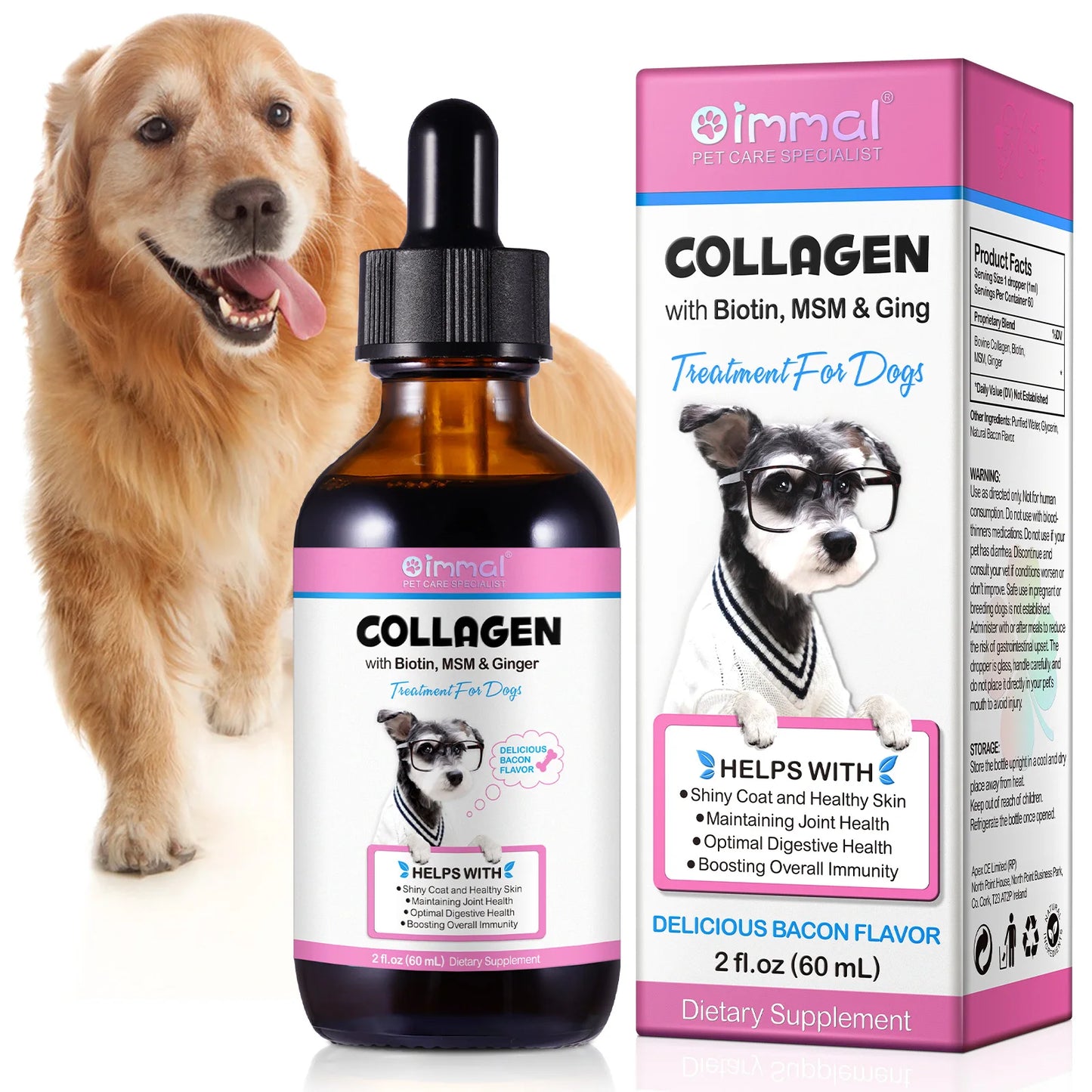 Suplemento Oimmal para la Salud de la Piel y el Pelaje de Mascotas, Colágeno Líquido con Sabor a Tocino para Perros, Ayuda al Soporte Digestivo y Articular con Biotina