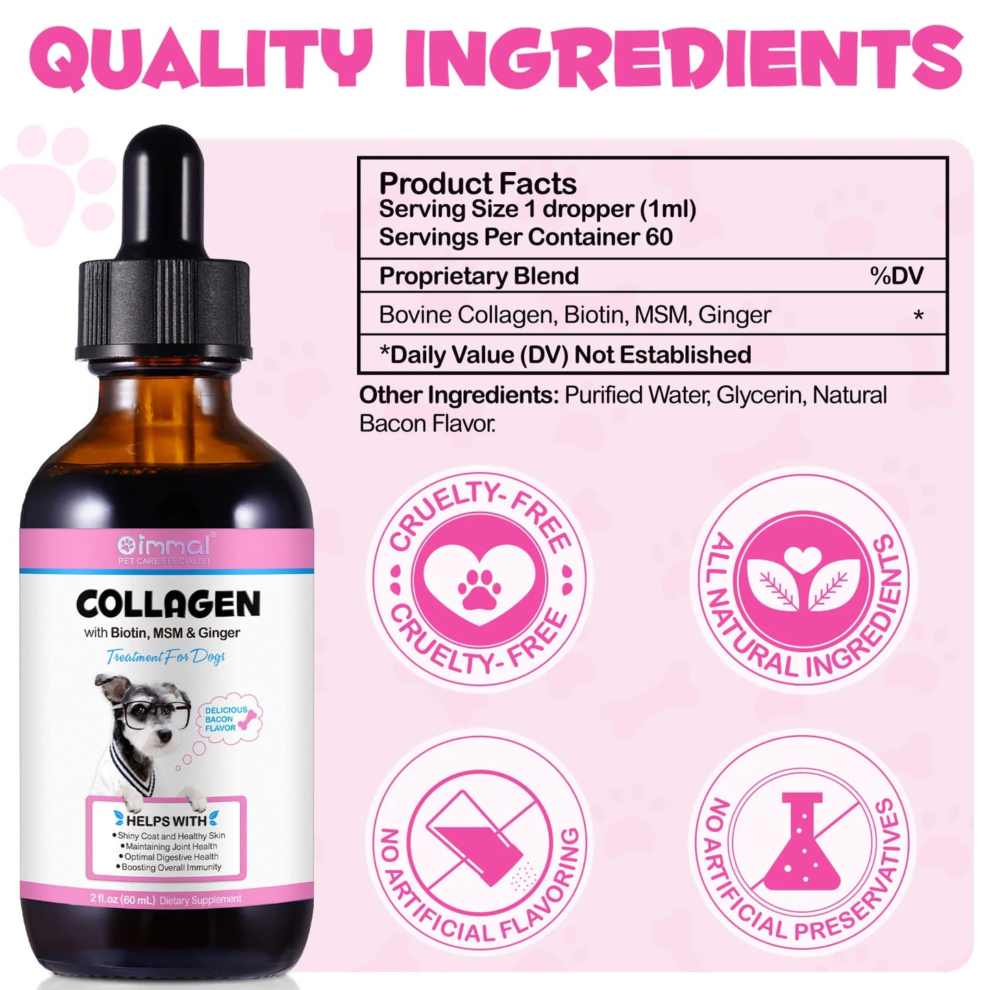 Suplemento Oimmal para la Salud de la Piel y el Pelaje de Mascotas, Colágeno Líquido con Sabor a Tocino para Perros, Ayuda al Soporte Digestivo y Articular con Biotina